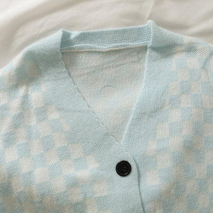 Single breasted cardigan plaid sweater women's sweater  1789