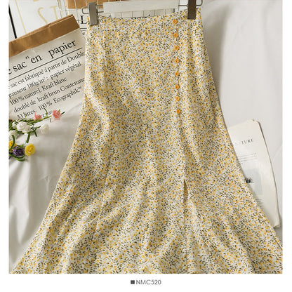 Retro High Waist slim breasted floral medium length skirt  2575