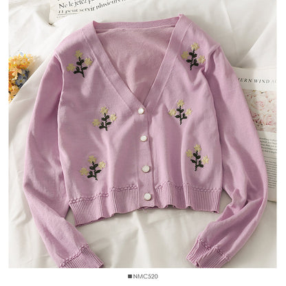 Vintage embroidered short cardigan single breasted long sleeved sweater  1811