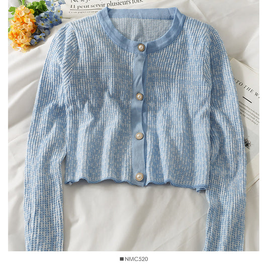 Korean Vintage round neck pearl single breasted plaid sweater  2030
