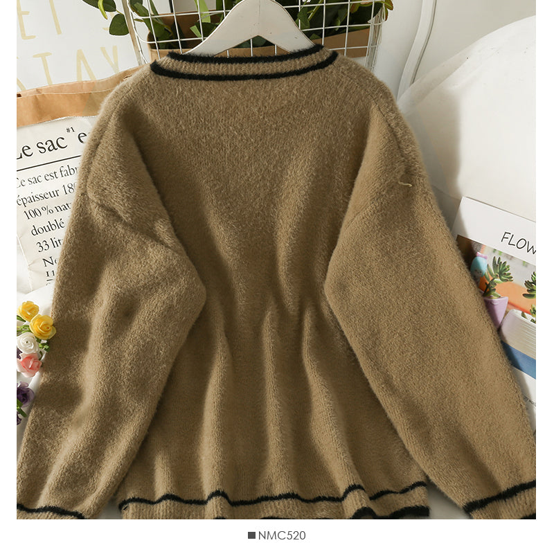 Sweater women's color matching stripe loose and thin long sleeved cardigan  1932