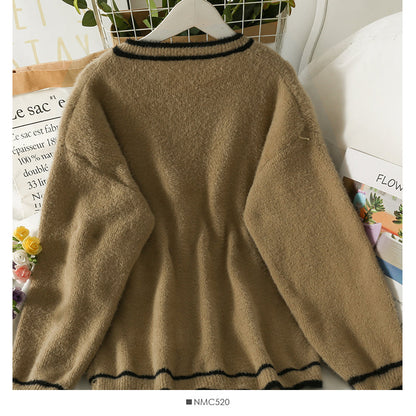 Sweater women's color matching stripe loose and thin long sleeved cardigan  1932