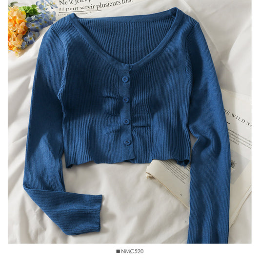 Long sleeve single breasted top women's new short versatile slim knit  1973