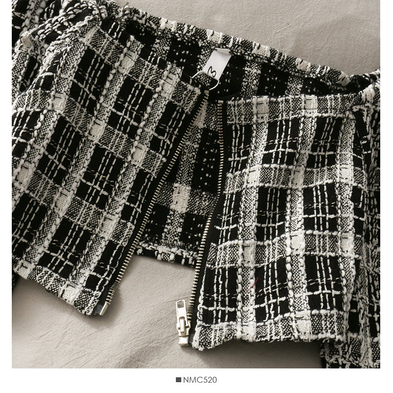 Short open navel bubble long sleeve top Plaid high waist skirt  2518