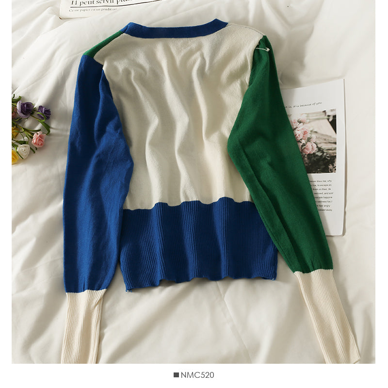 New contrast stitching V-neck single breasted long sleeved women's T-shirt  1890