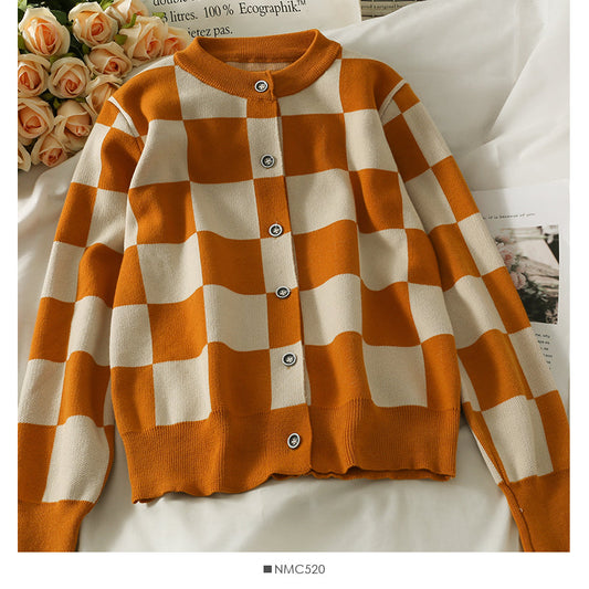 Color contrast check Crew Neck Long Sleeve loose sweater women's new single breasted cardigan sweater  1967
