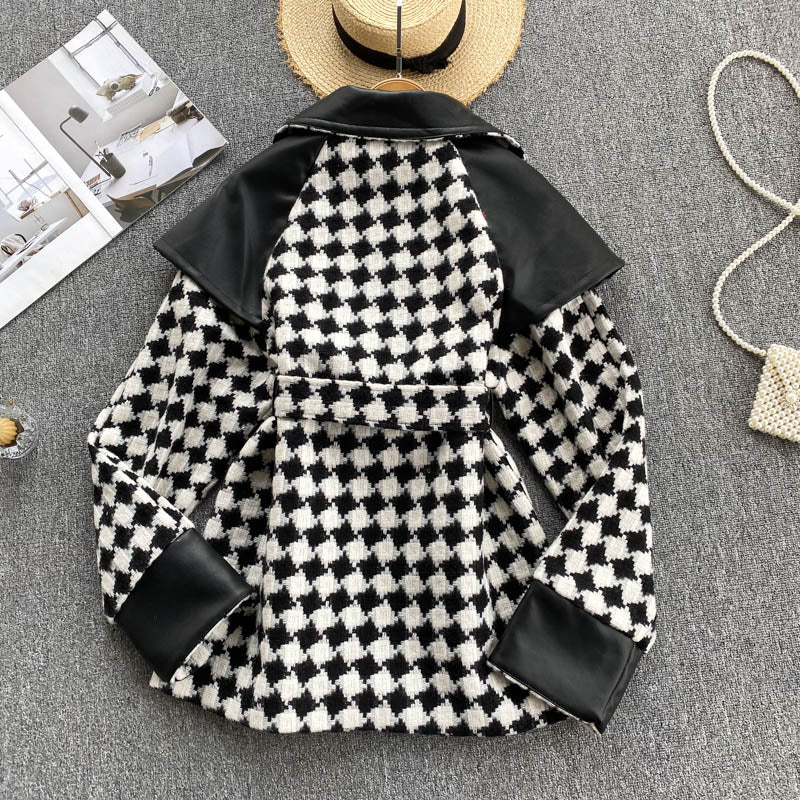 Diamond stitching contrast coat women's waist lace up design feeling high waist and thin  1487