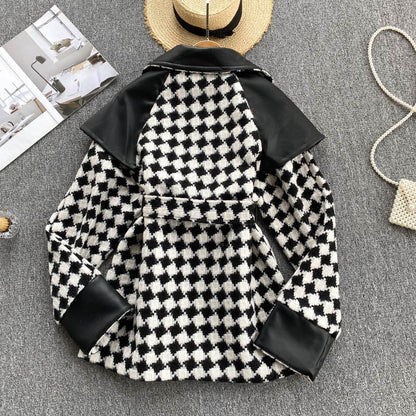 Diamond stitching contrast coat women's waist lace up design feeling high waist and thin  1487