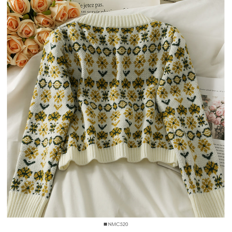 Sweater women's Vintage printed low neck single breasted cardigan top  1836