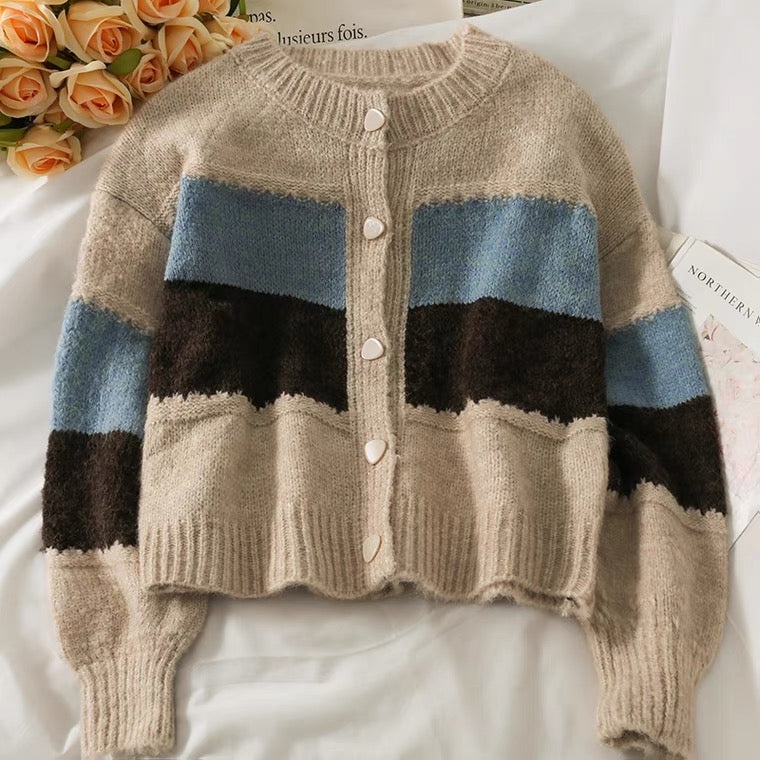 Short long sleeve single breasted knit, cardigan patchwork color sweater  1447