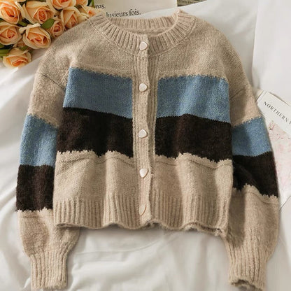Short long sleeve single breasted knit, cardigan patchwork color sweater  1447