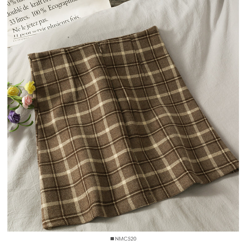 Vintage Plaid high waist thin A-line short skirt for women  2523