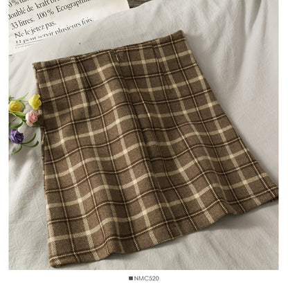 Vintage Plaid high waist thin A-line short skirt for women  2523