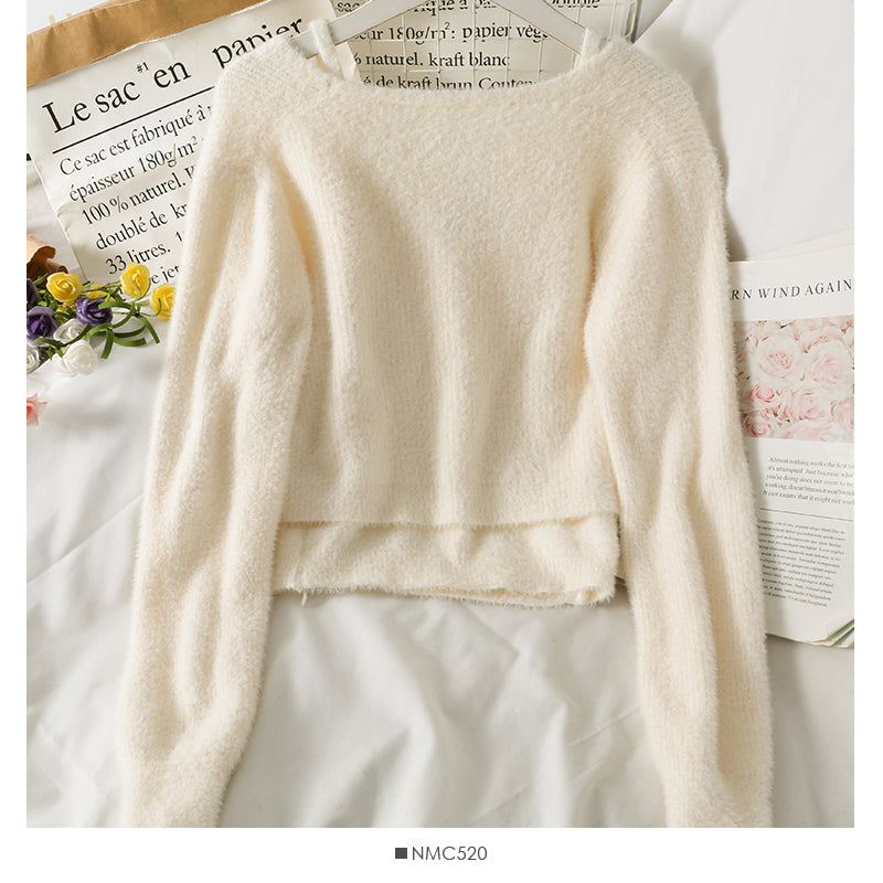 Plush short sweater with slim suspender vest inside  1749