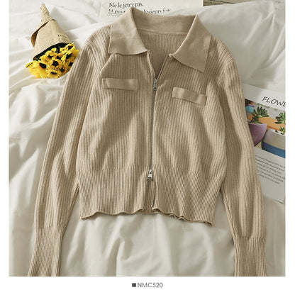 Lapel Zip Cardigan long sleeve vertical stripe top  1830