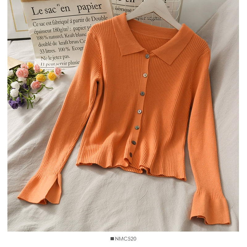 Lapel cardigan top female slim fit versatile sweater  1744