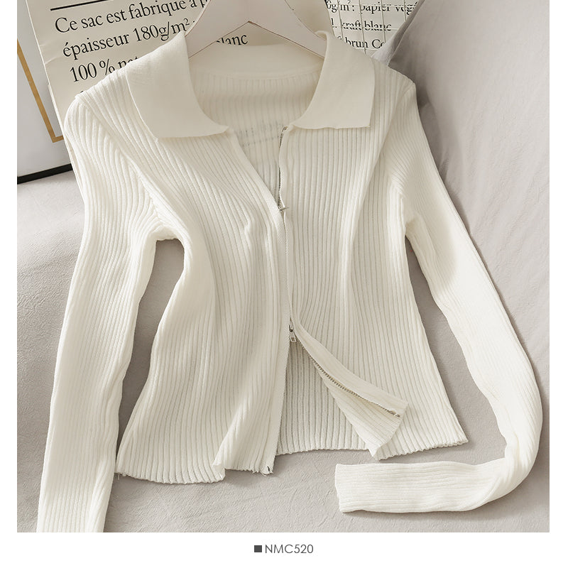 Personalized double zipper tight vertical stripe long sleeve knit  1777