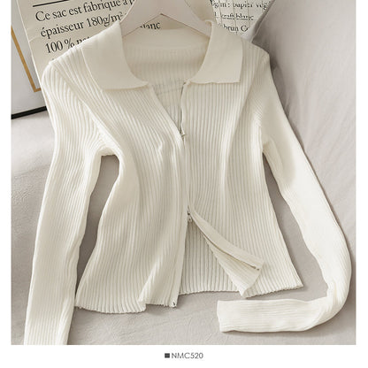 Personalized double zipper tight vertical stripe long sleeve knit  1777