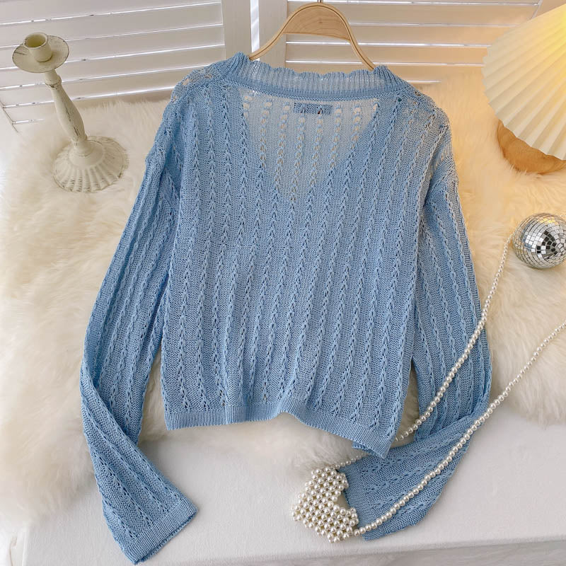 Knitted cardigan thin hook flower hollow out long sleeve  1583