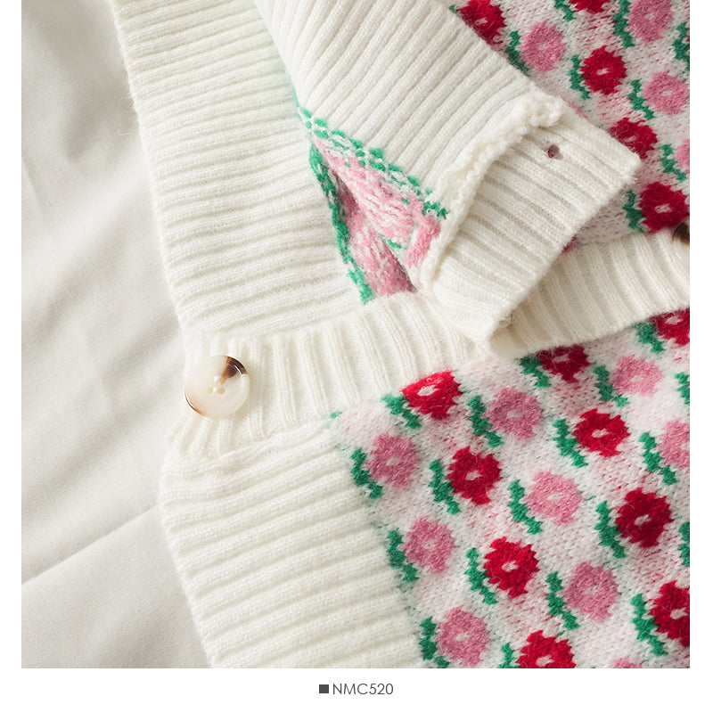 Sweet wind color blocking round neck single breasted long sleeved sweater  1969