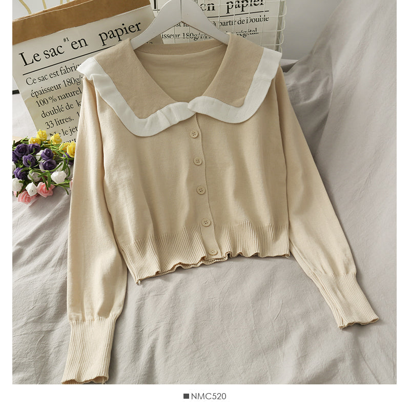 College style white border doll collar single breasted cardigan top  1806