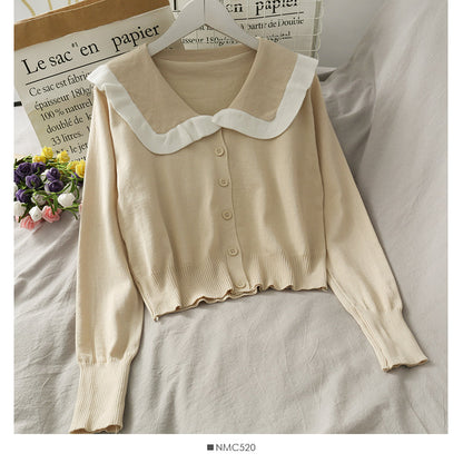 College style white border doll collar single breasted cardigan top  1806