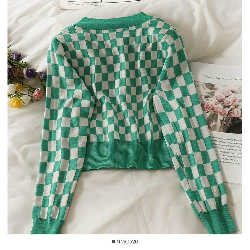 Plaid short single breasted long sleeved cardigan  1855