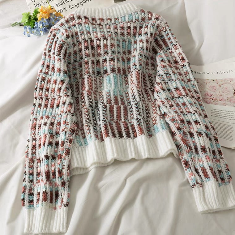 Loose crew-neck knit, striped single-breasted cardigan long-sleeved top  1445