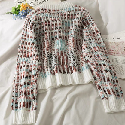 Loose crew-neck knit, striped single-breasted cardigan long-sleeved top  1445