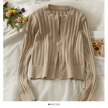 Slim vertical stripe crew neck short Zip Cardigan Sweater  1876