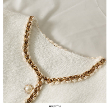 Korean version bright silk bonded pearl single breasted long sleeved sweater  1859