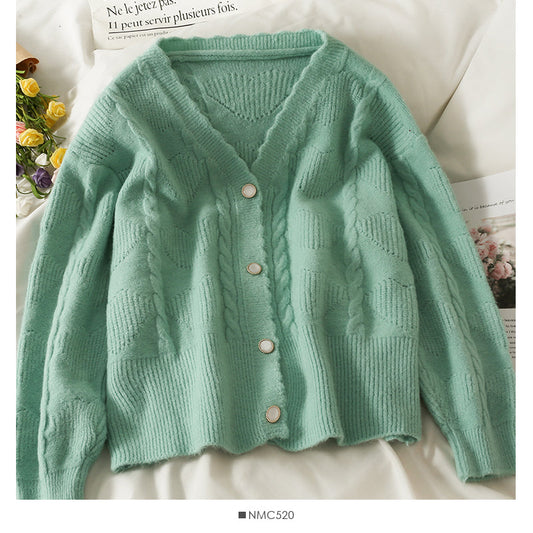 Sweater women's new wave edge V-neck single breasted cardigan  1873