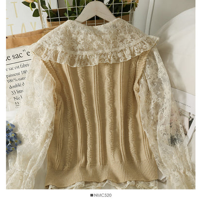 Lace bottomed shirt with vertical stripe knit vest  1714