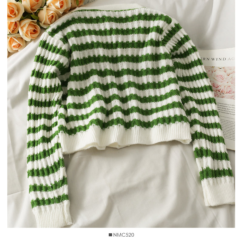 Striped loose thin single breasted cardigan long sleeved sweater  1850