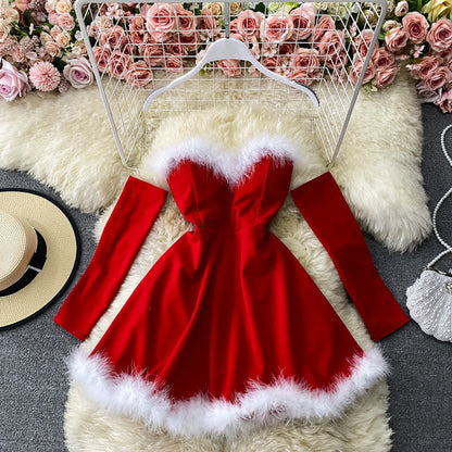Red/black fashion heart-shaped collar sexy waist slimming off-shoulder Christmas birthday dress 2718