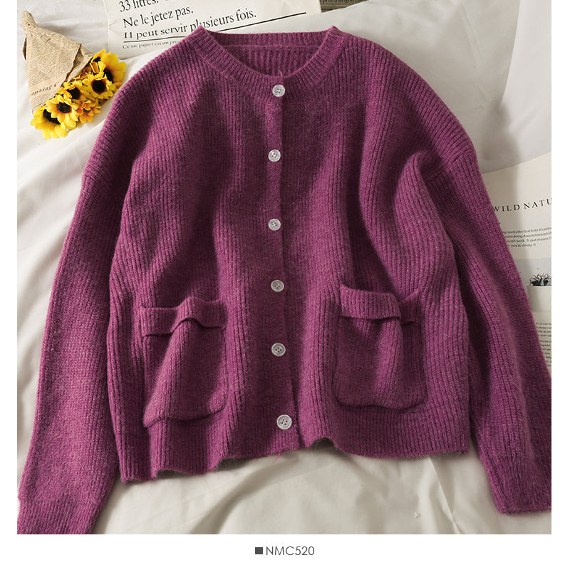Large pocket round neck long sleeve cardigan sweater loose and thin breasted sweater  1978