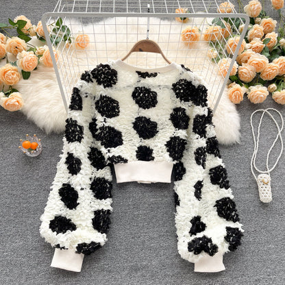 Sweet temperament three-dimensional flower bubble long sleeve top  1564