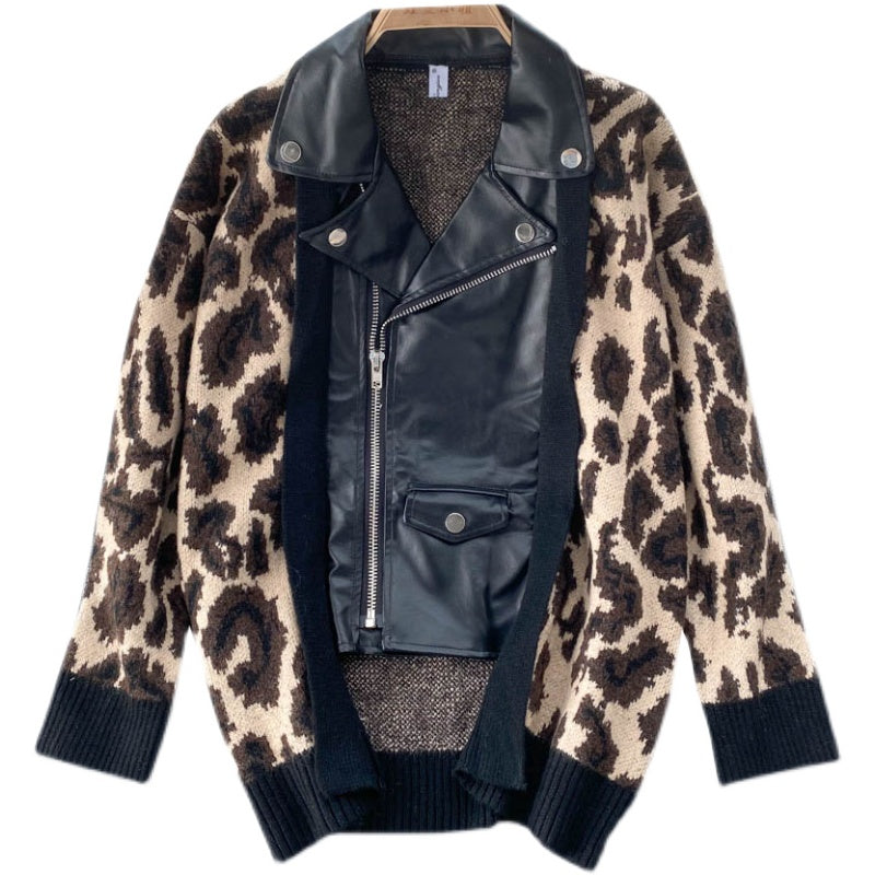 Korean leopard sweater stitched short lapel  1570