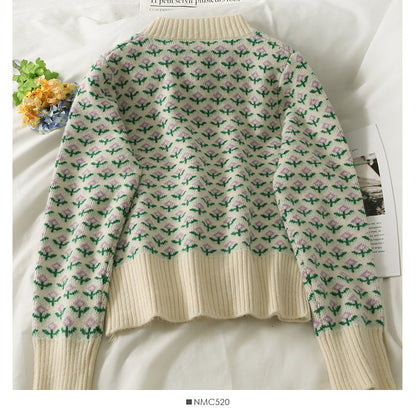 Sweater women's autumn color matching printed long sleeved Knitted Top  1956