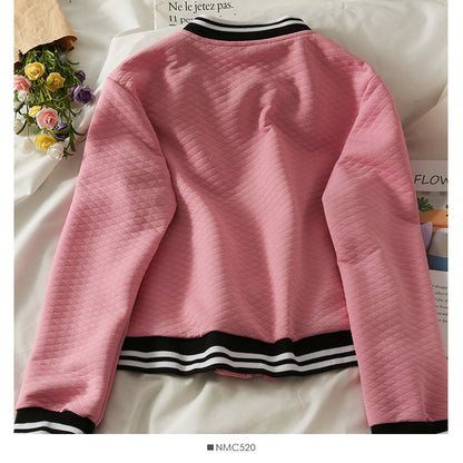 Contrast stitching Mock Neck Zip Cardigan Plaid loose top coat  2115