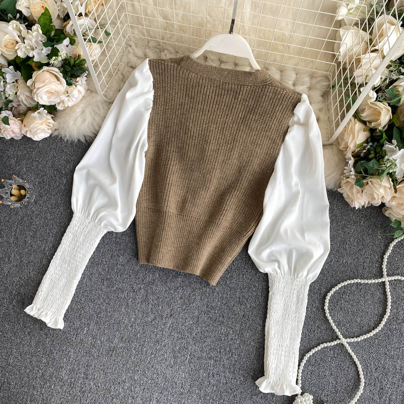 Minority lamb leg sleeve long sleeve stitched Vintage twist knitted cardigan top  1575