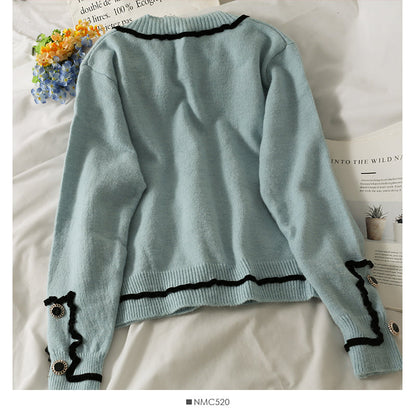 Sweater women's stripe loose thin single breasted sweater  1975