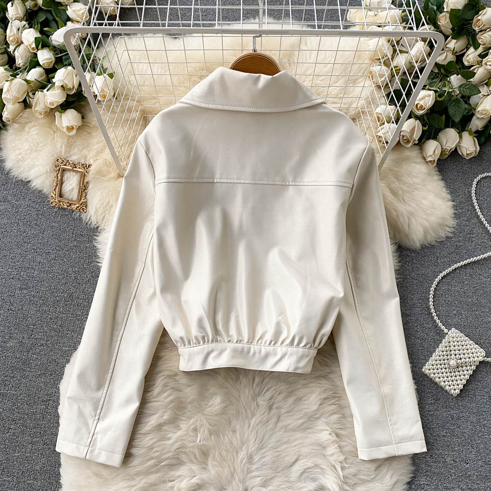 Women's Scarf Collar long sleeve single car leather coat  1510