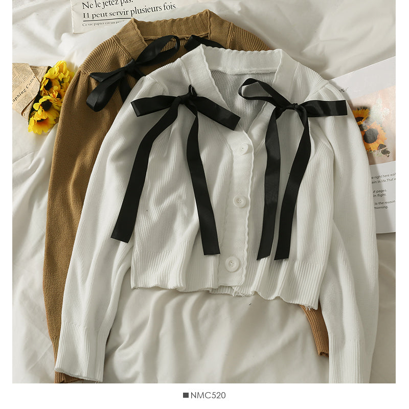 Korean bow tie short single breasted sweater for women  1945