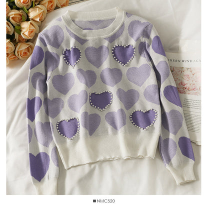 Sweet wind nail pearl heart print sweater for women  1839