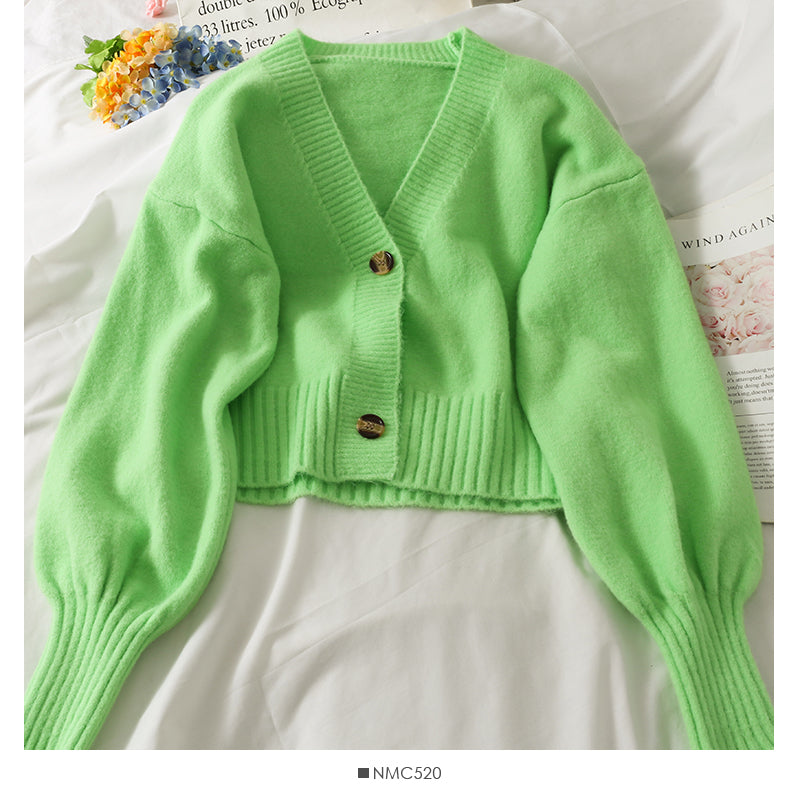 Sweater female small short two button long sleeve sweater  1880