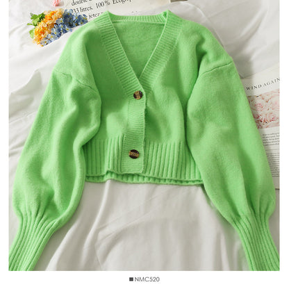Sweater female small short two button long sleeve sweater  1880