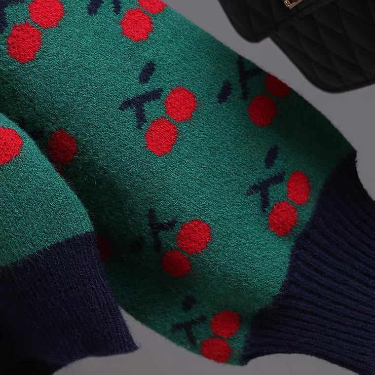 V-neck short knit jacket, cherry jacquard cardigan  1405