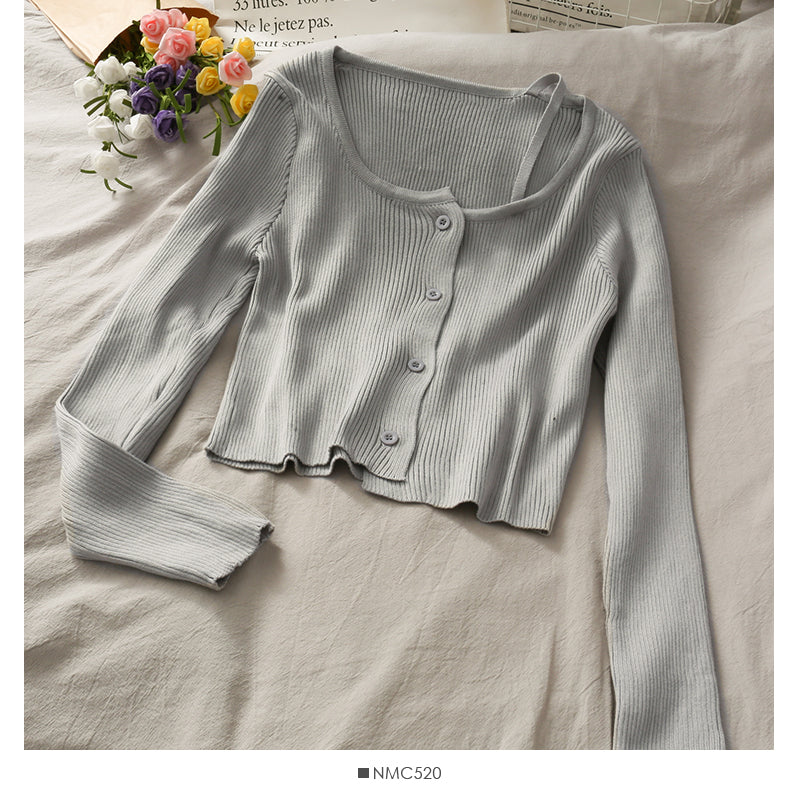 New candy color round neck exposed collarbone suspender sweater for women  1908