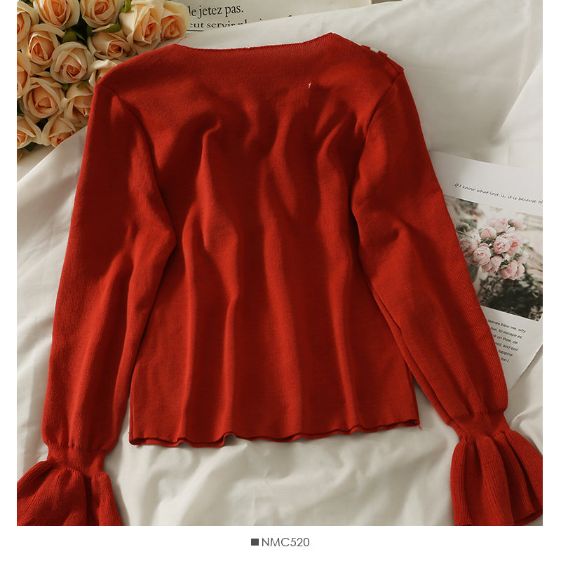 Knitwear women's autumn clothes look thin and versatile trumpet sleeve top  1961